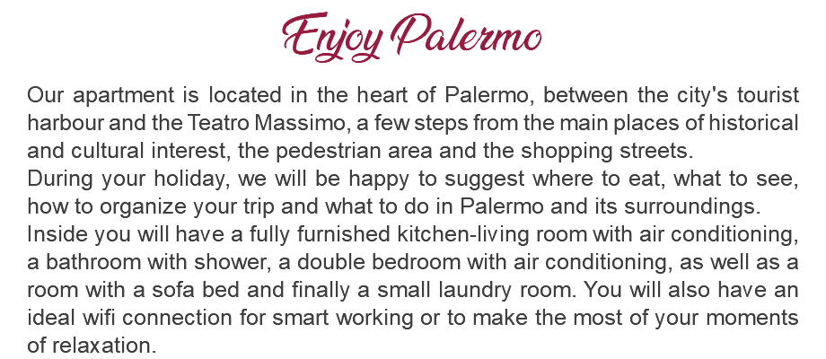 Enjoy Palermo Our apartment is located in the heart of Palermo, between the city's tourist harbour and the Teatro Massimo, a few steps from the main places of historical and cultural interest, the pedestrian area and the shopping streets. During your holiday, we will be happy to suggest where to eat, what to see, how to organize your trip and what to do in Palermo and its surroundings. Inside you will have a fully furnished kitchen-living room with air conditioning, a bathroom with shower, a double bedroom with air conditioning, as well as a room with a sofa bed and finally a small laundry room. You will also have an ideal wifi connection for smart working or to make the most of your moments of relaxation.